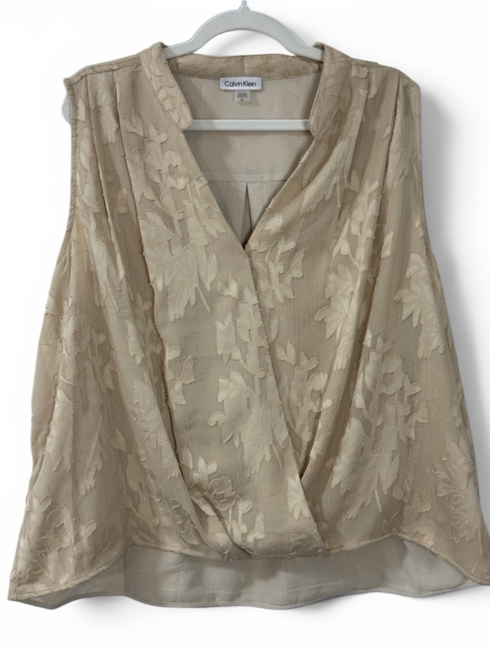 Calvin Klein Women’s Plus Size Printed Faux-Wrap Sleeveless Blouse in Tan/Cream